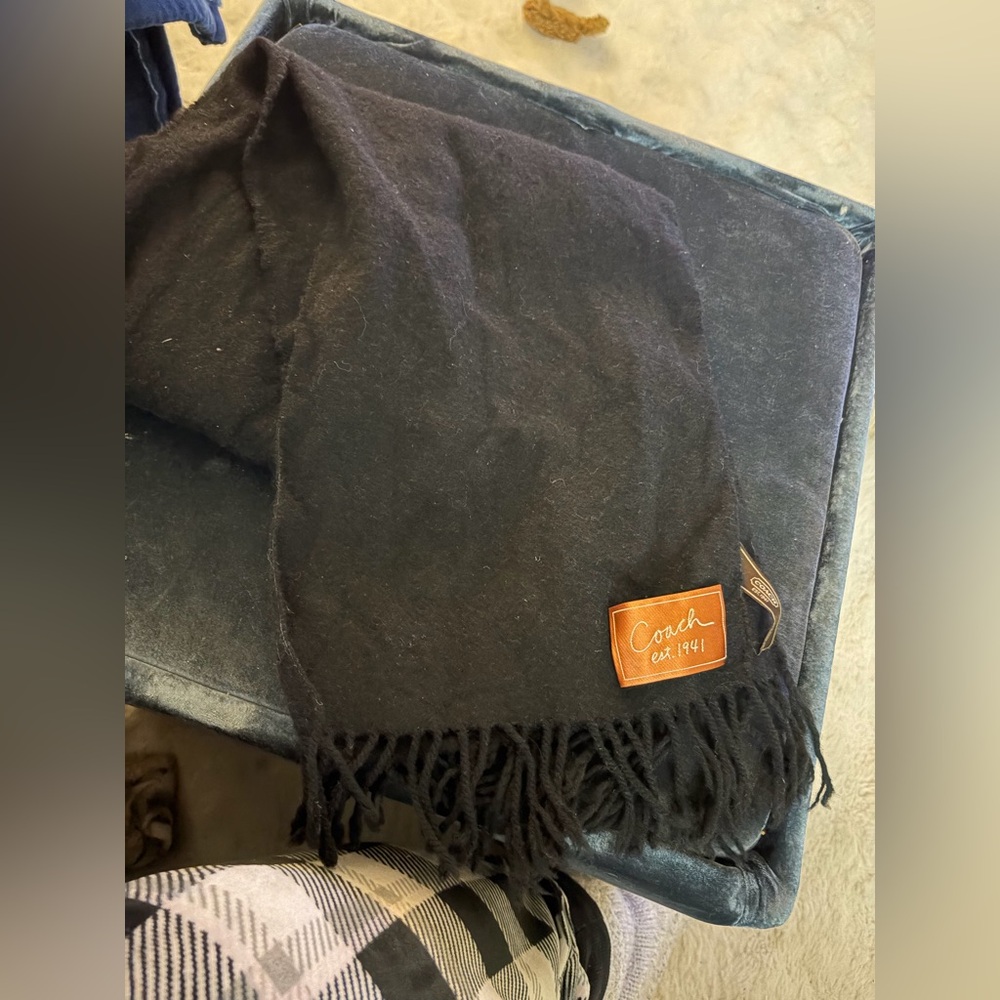 Coach black Fringe Scarf with Logo Patch